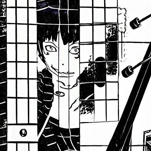 Image similar to close-up scene neighbor drilling grid holes in a room, manga, black and white manga horror in style of junji ito, kentaro miura