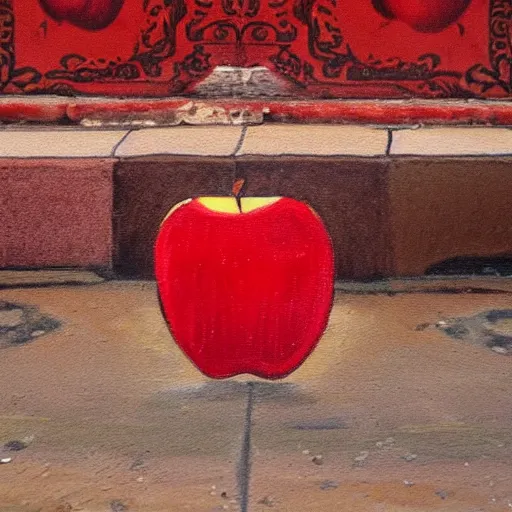 Image similar to a painting of an apple on the sidewalk on the street of marrakesh