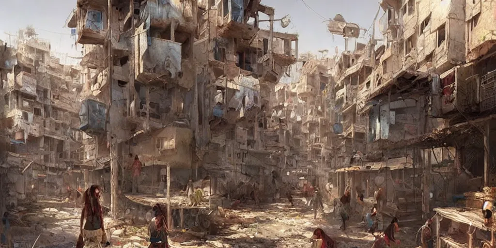 Prompt: hyper realistic, beautiful syrian slums village, concept art for videogames, painted by greg rutkowski, highly detailed,