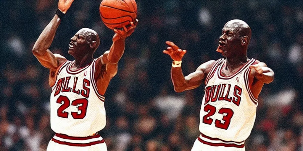 Image similar to Michael Jordan playing basketball against ghosts, 1995