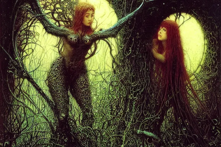 Image similar to young cute alyson hannigan knight in enchanted lovecraftian garden by jean delville, luis royo, beksinski, grimshaw