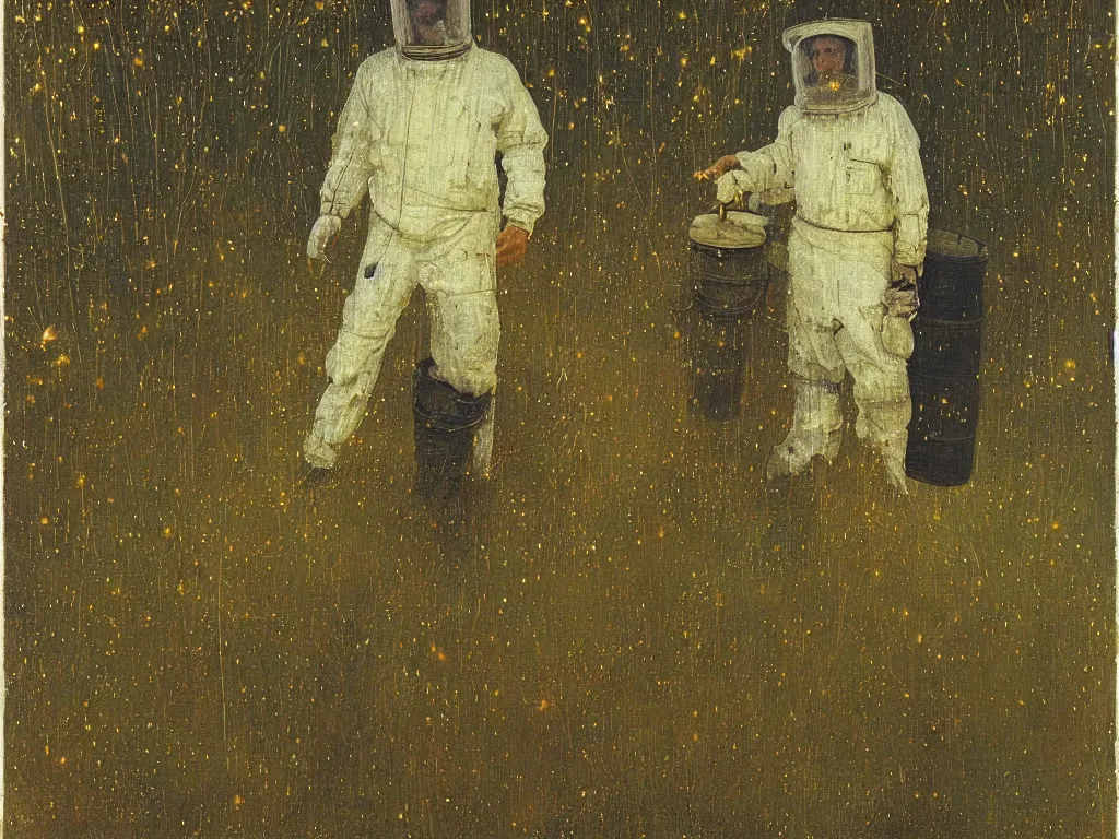 Image similar to painting by mikalojus konstantinas ciurlionis, bosch. portrait of a man in white beekeeping suit at night with fireflies