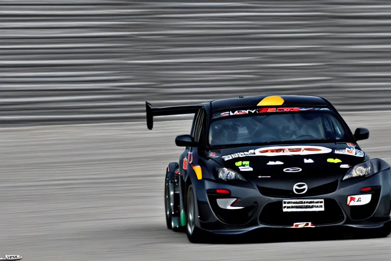 Image similar to black GT4 Mazdaspeed3 Gen 1 hatchback black plain livery simple, racing on highway photo 2008 cinematic motion blur dof LMP2 car