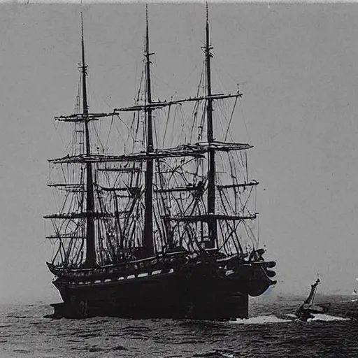 Prompt: an impossibly huge pirate ship. 1910s photograph