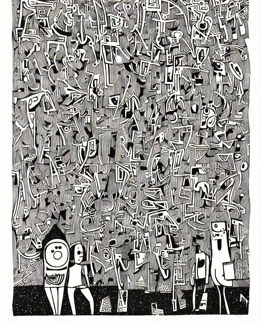 Image similar to a drawing of two people standing next to each other, a screenprint by michael deforge, featured on pixiv, orphism, concert poster, woodcut, poster art