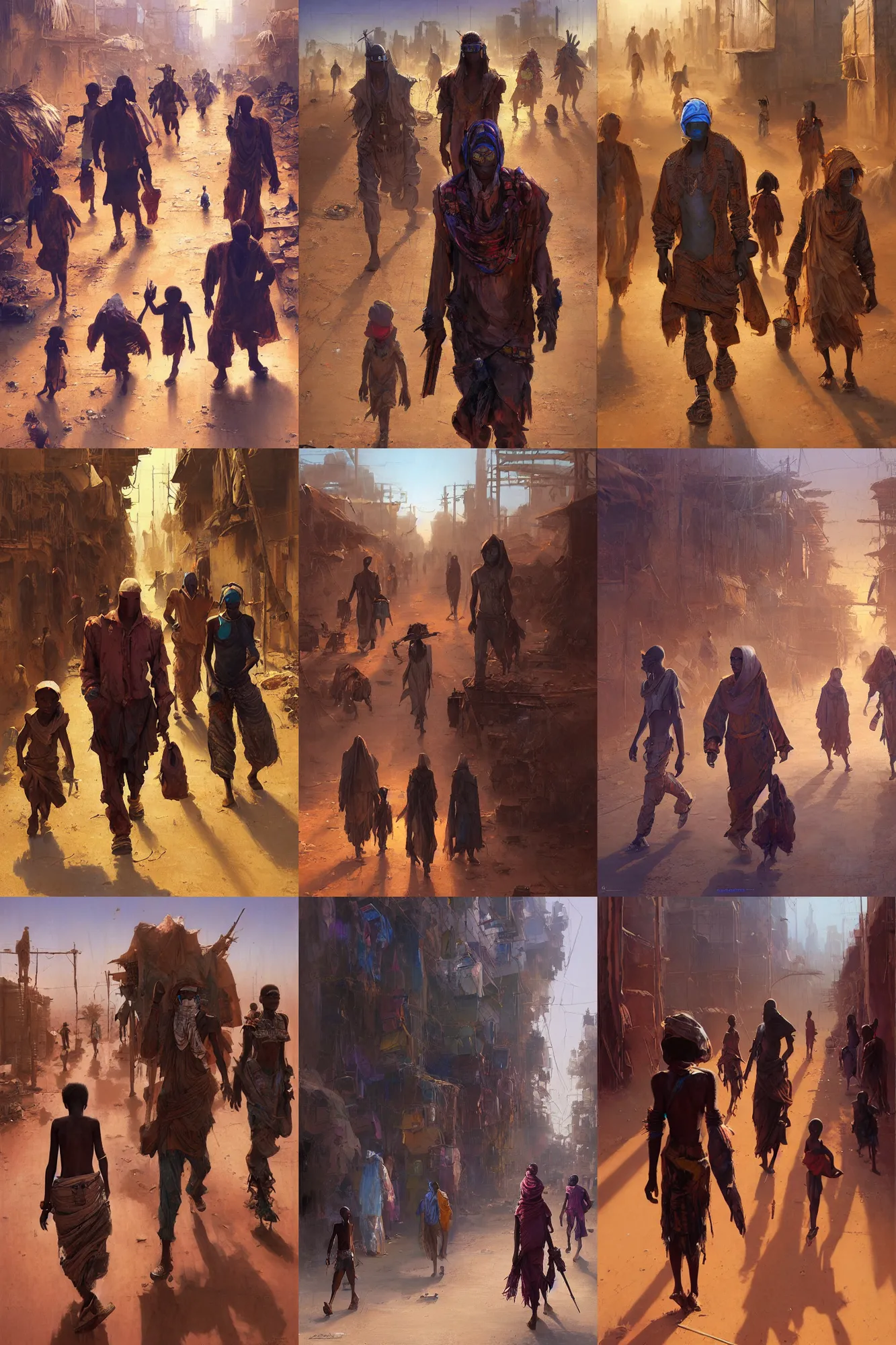 Prompt: African Cyberpunk Wizards walking down as street in a desert slum at dawn, by Moebius, by Craig Mullins, ((by Mandy Jurgens)), oil on canvas