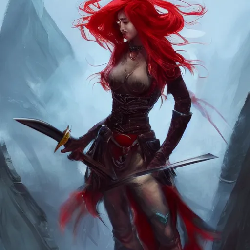 Image similar to a painting of a woman with red hair holding a sword, a digital painting by Yun-Fei Ji, deviantart contest winner, fantasy art, detailed painting, artstation hd, concept art