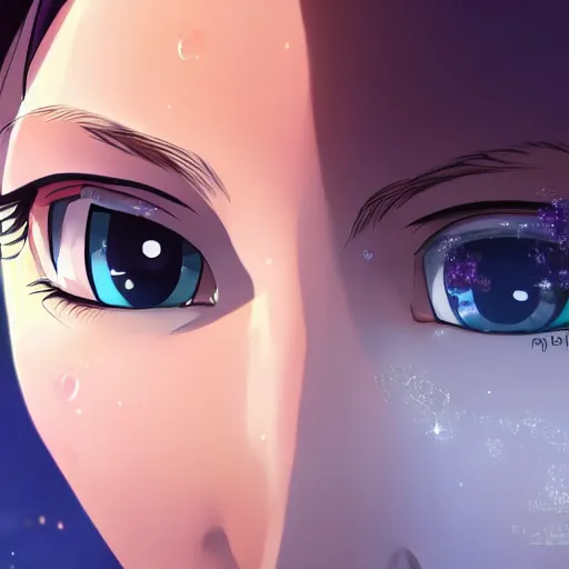 Image similar to a beautiful girl's eyes, vast stars are hidden in the eyes, 8 k, stunning, dream, highly detailed, super macro, surrealist, close - up view, makoto shinkai