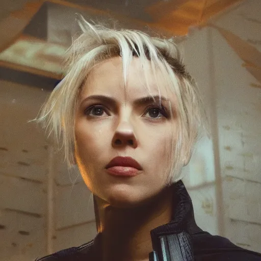 Prompt: a beautiful medium - shot still of scarlett johansson as the major motoko kusanagi from ghost in the shell, cyberpunk style, looking off into the distance, angled bob hairstyle, black hairs, ultra realistic, soft, blue hour, soft neons light from night city falling on her face. focus on her eyes and brows. by annie leibowitz