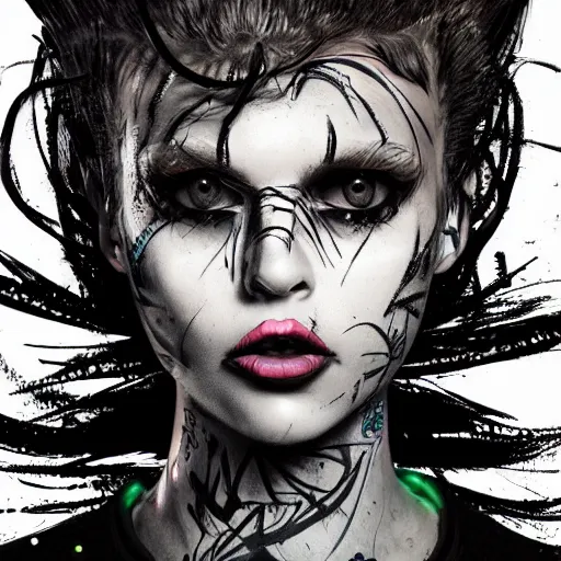 Image similar to splashes of neon magic, mowhawk, punk women portrait made out of paint, trending on artstation, epic composition, emotional, beautiful, rendered in octane, highly detailed, realistic, tim burton comic book art, sharp focus, unreal engine