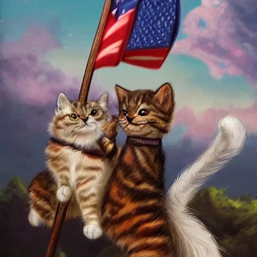 Image similar to a hyper real comic book style portrait painting in which a small cat holding a flag is riding a large fluffy cat on noble quests and into battle where backgrounds are wild and interesting with fascinating skies and epic terrain