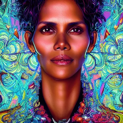 Prompt: portrait of halle berry, hyper detailed masterpiece, neon floral pattern, jean giraud, digital art painting, darkwave goth aesthetic, psychedelic, artgerm, donato giancola and tom bagshaw