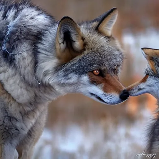 Image similar to wolf and fox kissing