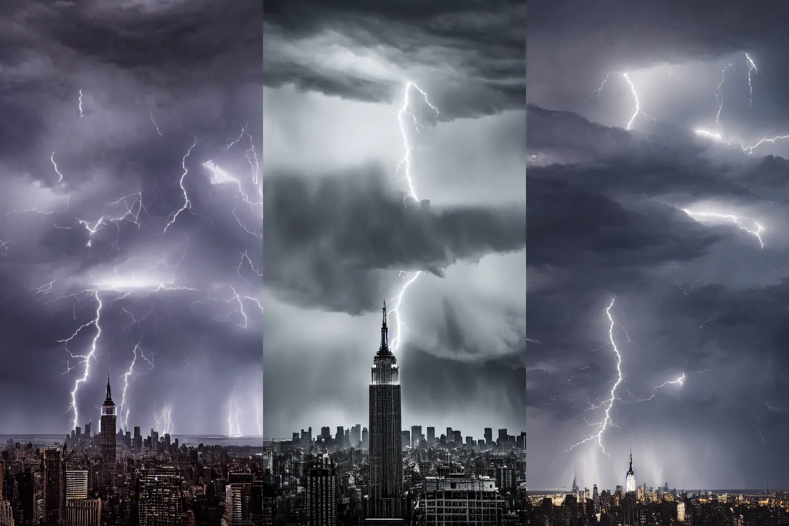 Prompt: an incoming storm above the Empire State Building, surrounded by Dementors, apocalyptic scenario, cinematic feel, high octane, 4K, dramatic lightning