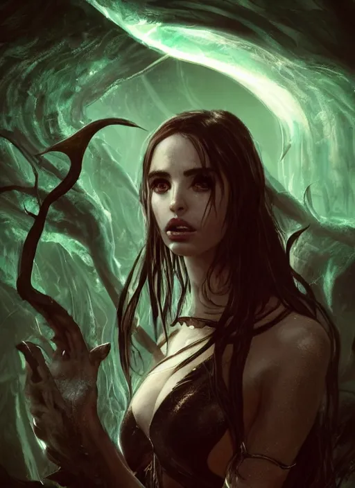 Prompt: a close - up of a beautiful succubus necromancer from magic the gathering, lord of the rings, and star trek ( ( ana de armas ) ) in a bioluminescent ancient dark forest, greg rutkowski, 8 k, shallow depth of field, intricate detail, concept art,