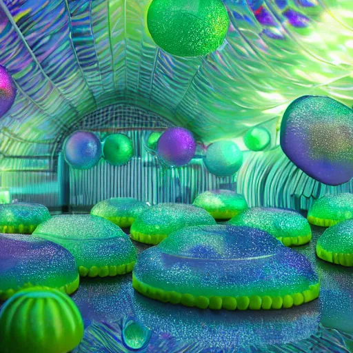 Prompt: jello Mushrooms covering the inside of prismatic jungle, fairy dust in the air, octane render