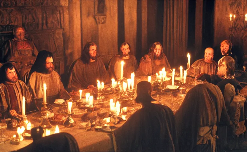 Prompt: Medieval kings sitting around a big dinner table with candles in the shining by stanley kubrick, shot by 35mm film color photography