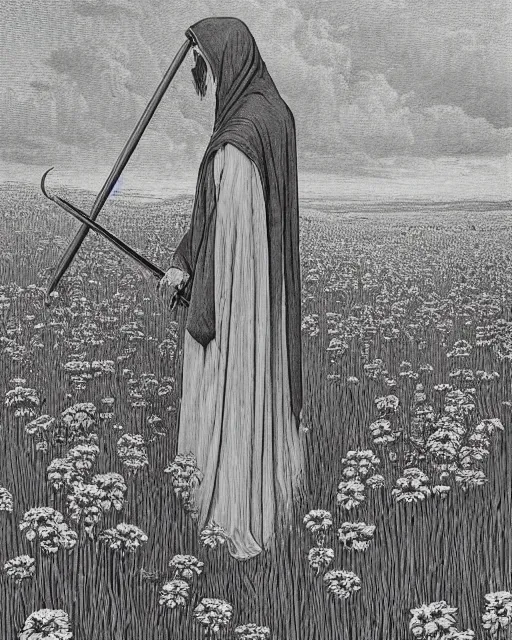 Image similar to faceless grim reaper with veil over face holding scythe at distance in beautiful meadow of flowers, detailed pencil illustration by gustave dore, highly detailed, centered, high resolution, smooth, sharp focus, illustration