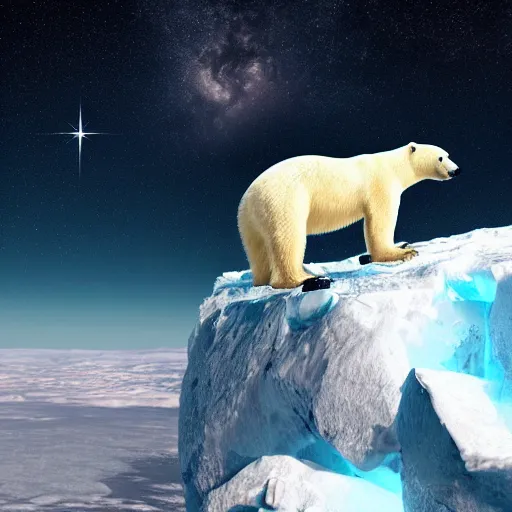 Image similar to polar bear on iceberg in mars drinking beer and have a beer can in hand, outer space, planet mars, photorealistic, high resolution,, trending on deviantart, hdr, hyper detailed, insane details, intricate, elite, ornate, dramatic lighting