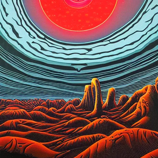 Prompt: alien planet landscape with bizarre buildings and Lifeforms. Jeffrey Smith, Stanley Donwood