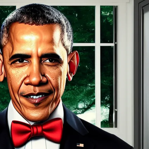 Prompt: realistic photo of obama with red hair wearing a black sweater and a green bow tie, still from riverdale