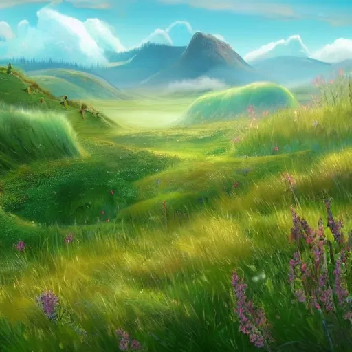 Prompt: a fantasy landscape with rolling fields of long grass and wildflowers, in the background there are snow - capped misty mountains, there is a number of small dragons flying in the sky, epic high quality art
