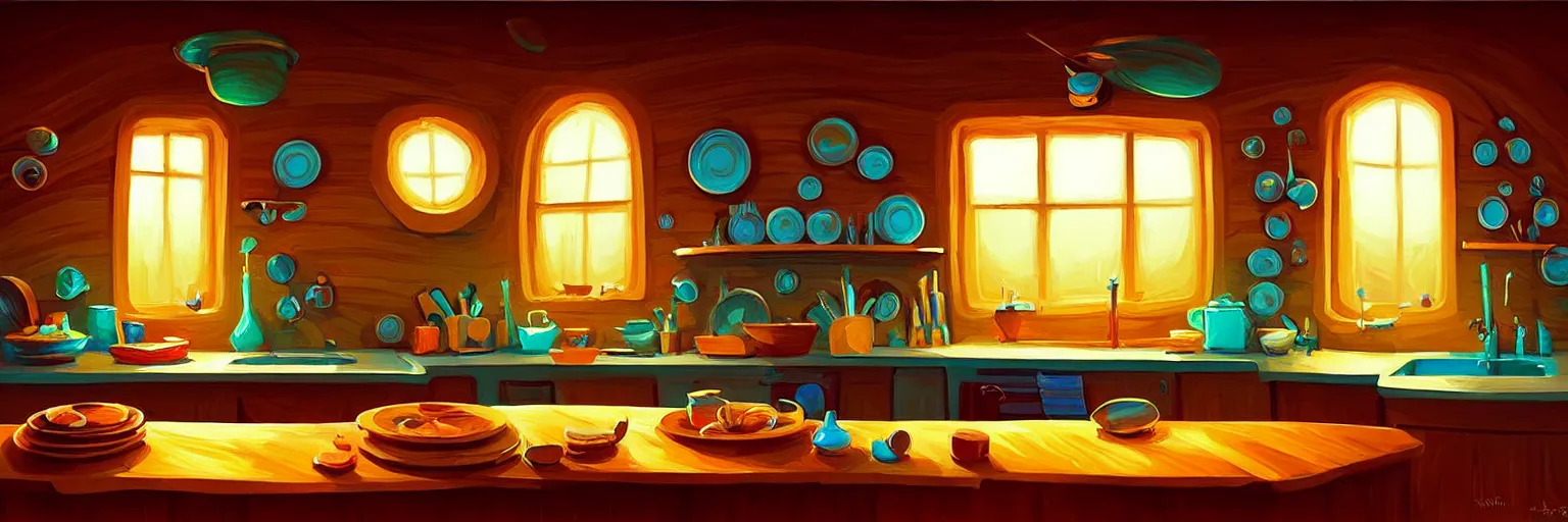 Prompt: fisheye spiral lines, naive, extra narrow, detailed illustration of a kitchen dimly lit by rhads from lorax movie, trending artstation, wood texture