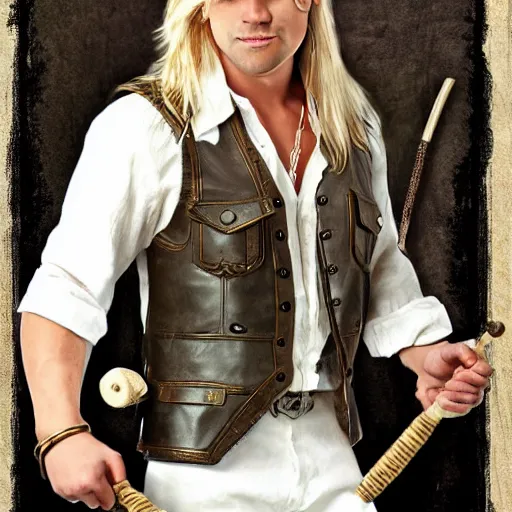 Prompt: a male ranger, dnd, wearing a leather vest and white linen pants, puka shell necklace, long swept back blond hair, with a bongo drum and nunchucks, chiseled good looks, digital art