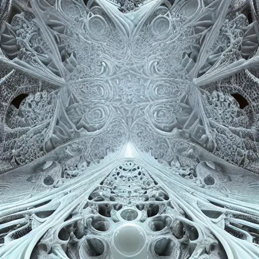 Prompt: a beautiful 3 d render of a sprawling intricate fractal cathedral populated by mandelbrot fractals by android jones, carved stone, carved soap, white color scheme, volumetric lighting, dynamic lighting, dramatic lighting, high contrast, glowing, carved marble, opalescent, sacred geometry, religious, angelic, catholicpunk, stark, trending on artstation