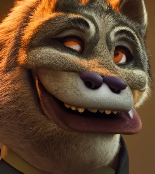 Image similar to promotional poster a film still from zootopia main character portrait anthro anthropomorphic wolf security guard head animal person fursona wearing suit and tie pixar disney dreamworks animation sharp rendered in unreal engine 5 octane key art by greg rutkowski bloom dramatic lighting modeling expert masterpiece render