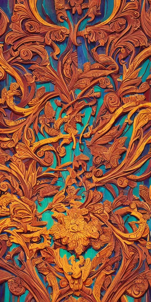 Prompt: intricate colorfully painted carved wood paneling, artificial intelligence mythology, artstation