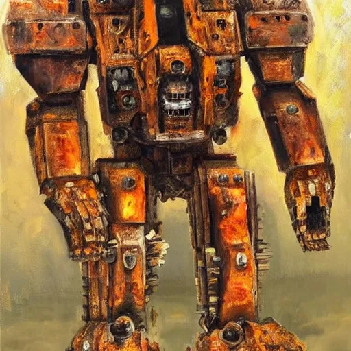 Image similar to oil painting of a huge rusting mech, that resembles a gorilla, highly detailed, complex, intricate