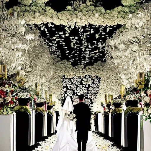 Image similar to A wide full shot, colored black and White Russian and Japanese mix historical fantasy a photograph portrait of a royal wedding floral covered aisle inspired by a enchanted ethereal forest, 1907 photo from the official wedding photographer for the royal wedding.