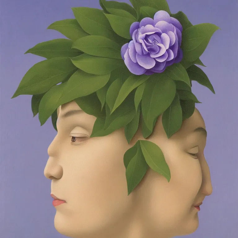 Prompt: portrait of a faceless lavender and camellia flower - head black woman by rene magritte, detailed painting, distance, centered, hd, hq, high resolution, high detail, 4 k, 8 k