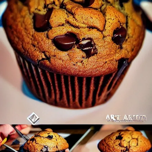 Image similar to a delicious chocolate chip muffin, food art, art by artgerm