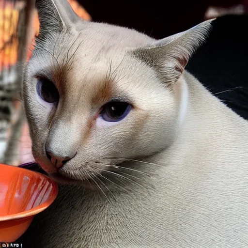 Prompt: the most beautiful Seal point siamese cat requests chicken for her midday meal