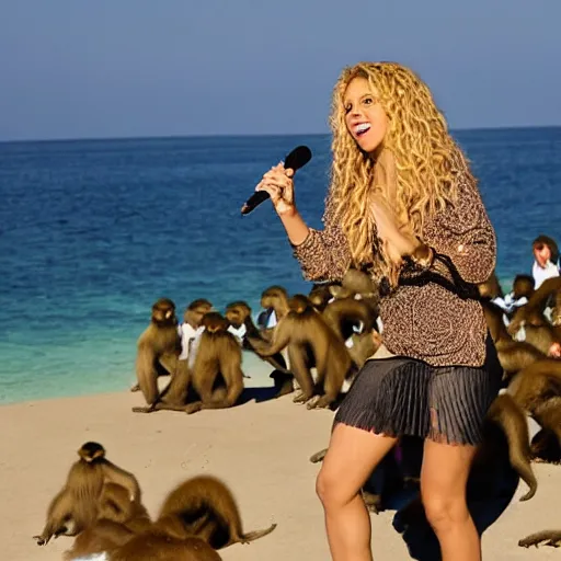 Image similar to Shakira singing for a crowd of monkeys on an island with the ocean in the background