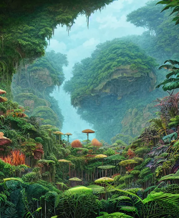 Prompt: an enormous conservatory made from exotic fungus, overgrown with huge weird ferns, on an ocean cliff side, noon, sun drenched, partly cloudy, by dan mumford, yusuke murata, makoto shinkai, ross tran, cinematic, unreal engine, cel shaded, featured on artstation, pixiv