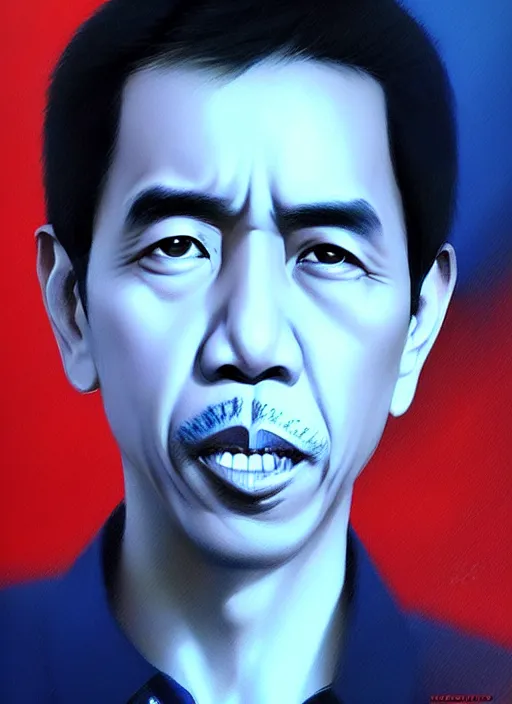 Image similar to a portrait of jokowi, fine - face, realistic shaded perfect face, fine details. blue - ish cosmic setting. very anime style. realistic shaded lighting poster by ilya kuvshinov katsuhiro, raden saleh, basuki abdullah, jeremy lipkin and michael garmash, rob rey and kentaro miura style, trending on art station