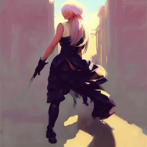 Image similar to greg manchess portrait painting of yorha type a no. 2 from behind, organic painting, sunny day, matte painting, bold shapes, hard edges, street art, trending on artstation, by huang guangjian and gil elvgren and sachin teng