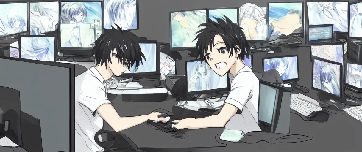 Prompt: anime drawing, a man at a desk with ten different computer monitors, his face flat on the keyboard, sound asleep