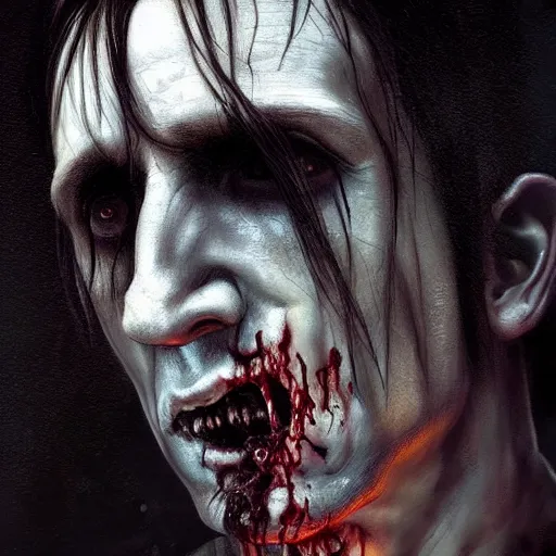 Image similar to young trent reznor as a zombie with shoulder length hair, 7 days to die zombie, realistic proportions, fine art, award winning, intricate, elegant, sharp focus, cinematic lighting, digital painting, 8 k concept art, art by brom, art by guweiz and z. w. gu, art by michael hussar, 8 k