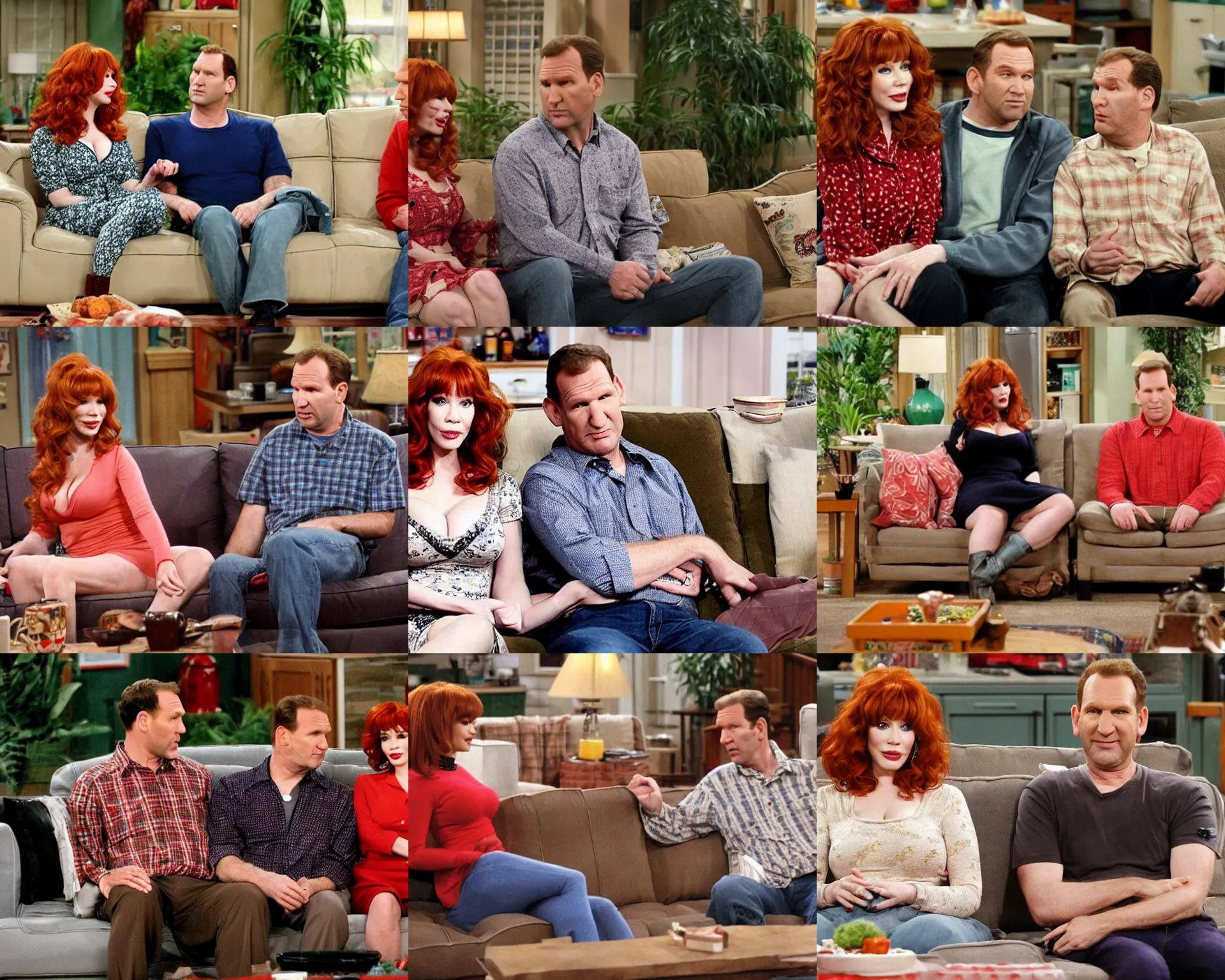 Prompt: 2022 reboot of Married With Children. Peggy Bundy (Christina Hendricks) and Al Bundy (Jude Law) sitting on the couch in their suburban split-level home. Sitcom, 480i NTSC.