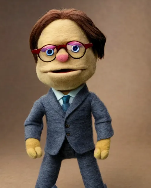 Image similar to dwight schrute as a muppet. highly detailed felt. hyper real photo. 4 k.