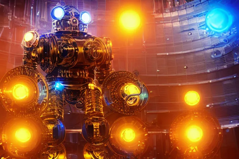 Prompt: photo of a huge golden and blue metal steampunk robot with gears and tubes, robot is sitting in an office behind a huge pile of dollars, eyes are glowing red lightbulbs, shiny crisp finish, 3 d render, 8 k, insaneley detailed, fluorescent colors, background is multicolored lasershow