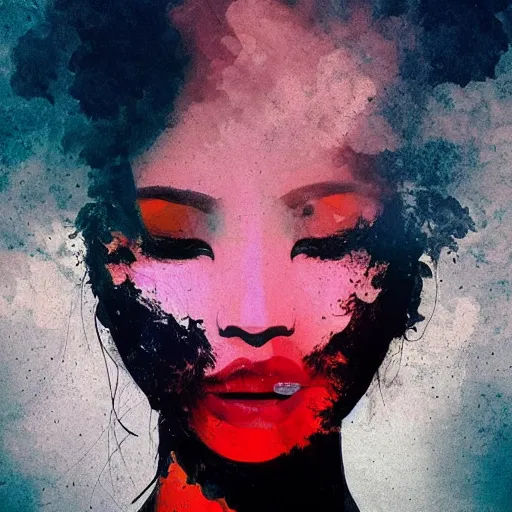 Prompt: a beautiful filipino woman breathing out incredible thick smoke covering her face, thought provoking, matte colors, very very very very dramatic lighting, abstract and inspiring digital art by conrad roset trending on artstation