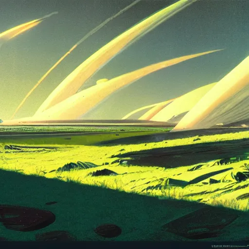 Prompt: Grassy field on an alien frozen planet, cinematic perspective, by Syd Mead, John Harris, Federico Pelat