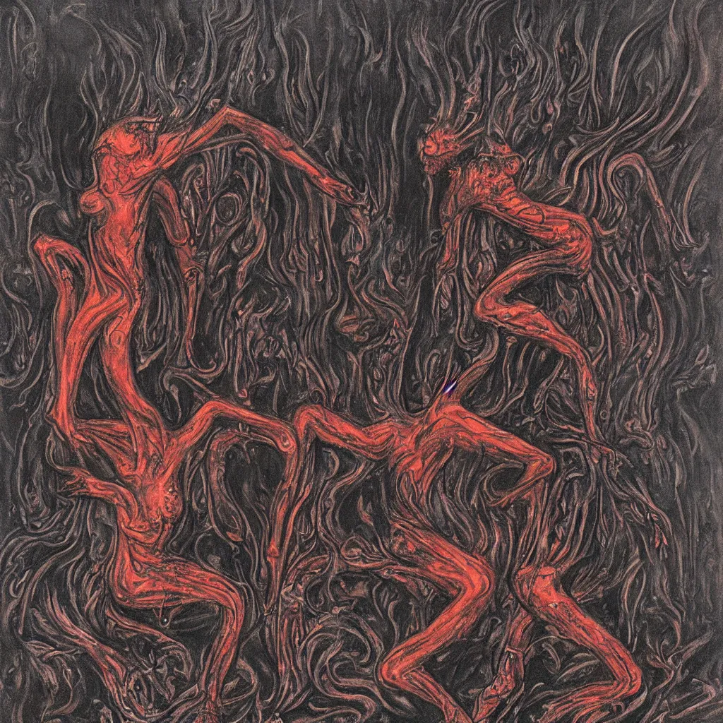 Prompt: a detailed demon ballerina leaving a trail of smoke in a pool of lava by h. r. giger