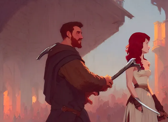 Image similar to a brunette man offers his sword to a red - haired woman, medieval times by atey ghailan, by greg rutkowski, by greg tocchini, by james gilleard, by joe fenton, by kaethe butcher, dynamic lighting, gradient light blue, brown, blonde cream and white color scheme, grunge aesthetic