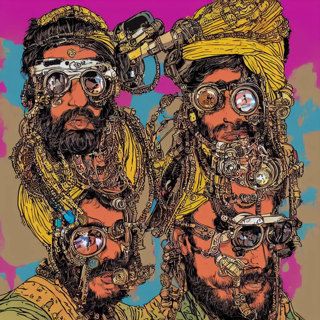 Prompt: face portrait of an indian man with long neon moustache rajasthani pagdi wearing madmax style steampunk goggles and steampunk jewelry, art by butcher billy, sticker, colorful, illustration, highly detailed, simple, smooth and clean vector curves, no jagged lines, vector art, smooth